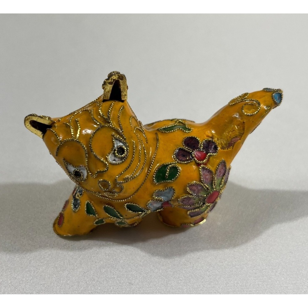 Vintage Cloisonne Enamel Cat Figurine Yellow Floral Miniature Art Collectible